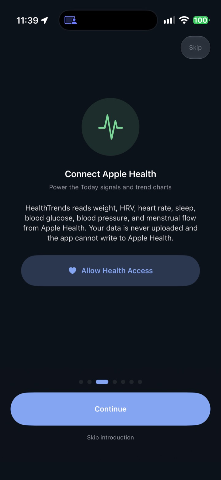 HealthTrends onboarding screen explaining its read-only Apple Health connection
