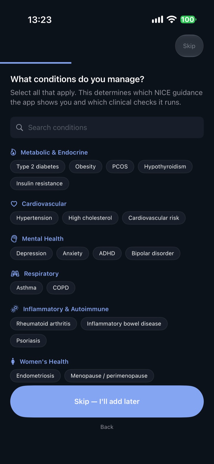HealthTrends setup screen showing generic condition categories and options