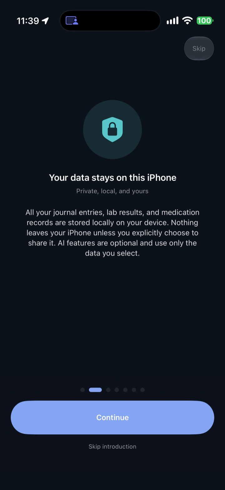 HealthTrends privacy onboarding screen explaining that health data remains on device